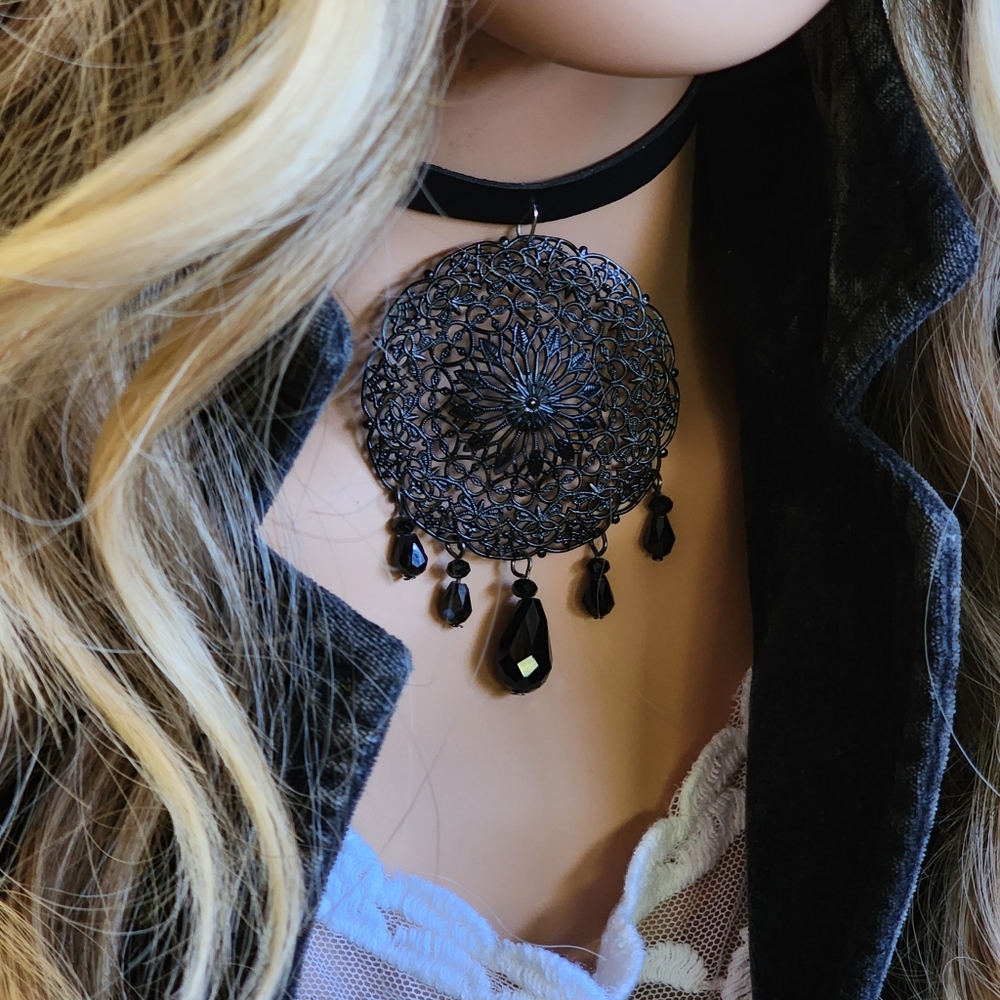 Black Necklace Victorian Medallion Silver Black Boho Pendant Leather Teardrops
